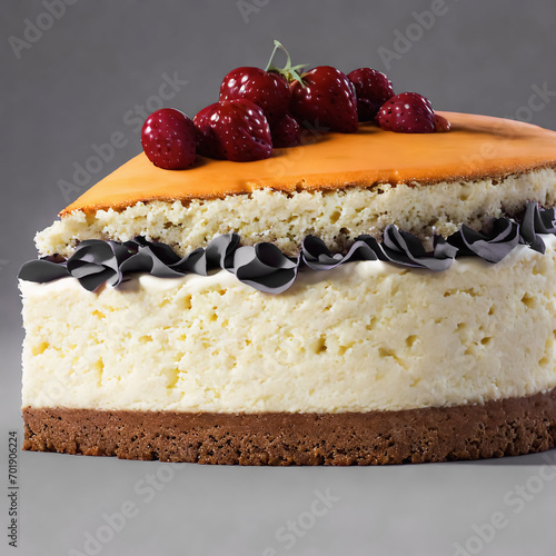 Close-up of a slice of chessecake with small red strawberries photo