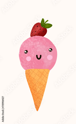 Cute kawaii waffle cone ice cream with face and strawberry on top.