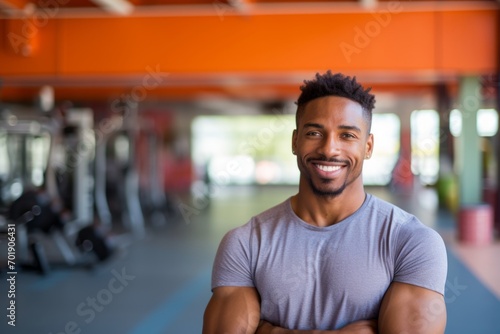 Fitness  gym and happy african american man personal trainer ready for workout coaching