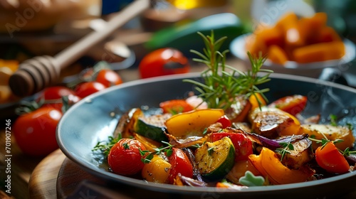 Fried vegetables with herbs in a frying pan on a wooden table