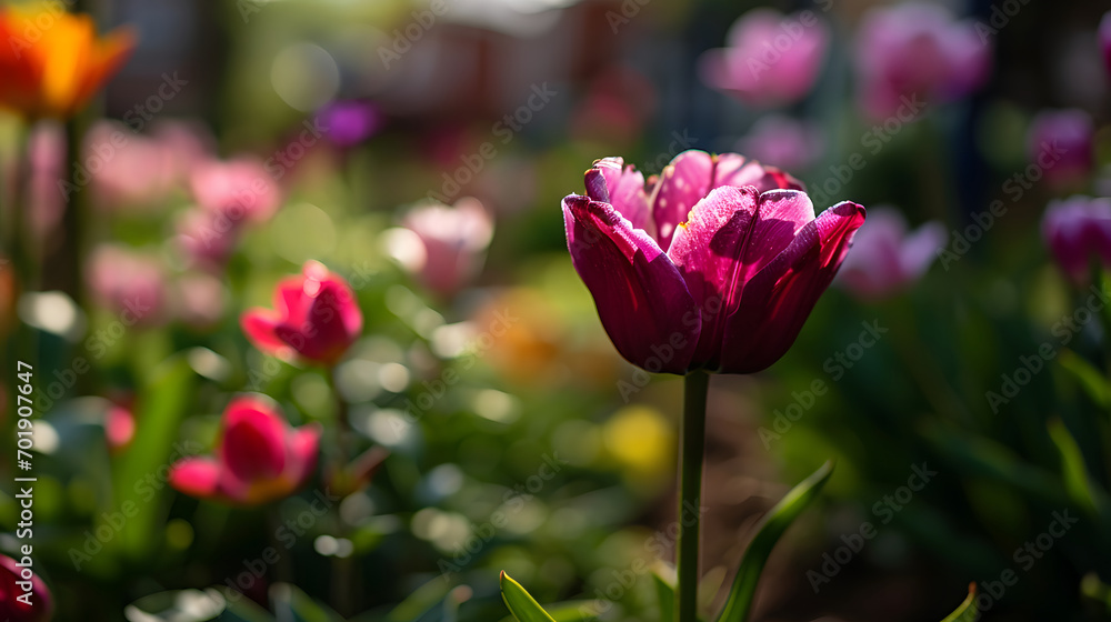 Dew-Kissed Purple Tulip in Soft Morning Light with Blurred Floral Background