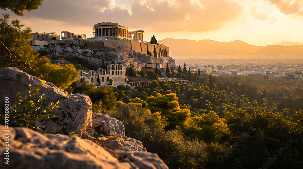 A photo of the Acropolis of Athens, with marble columns as the background, during a golden sunset