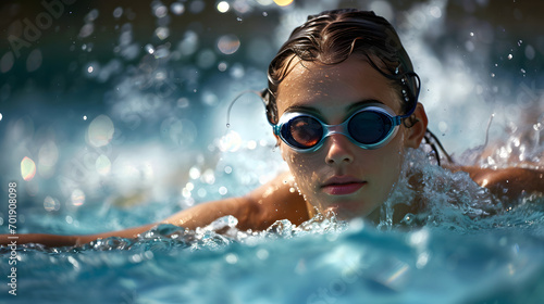 Focused Swimmer in Action Water Splashes Swim Goggles