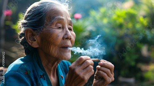 happy retired senior woman smoking medicinal cannabis blunt outside in nature photo