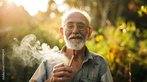 happy retired senior woman smoking medicinal cannabis blunt outside in nature