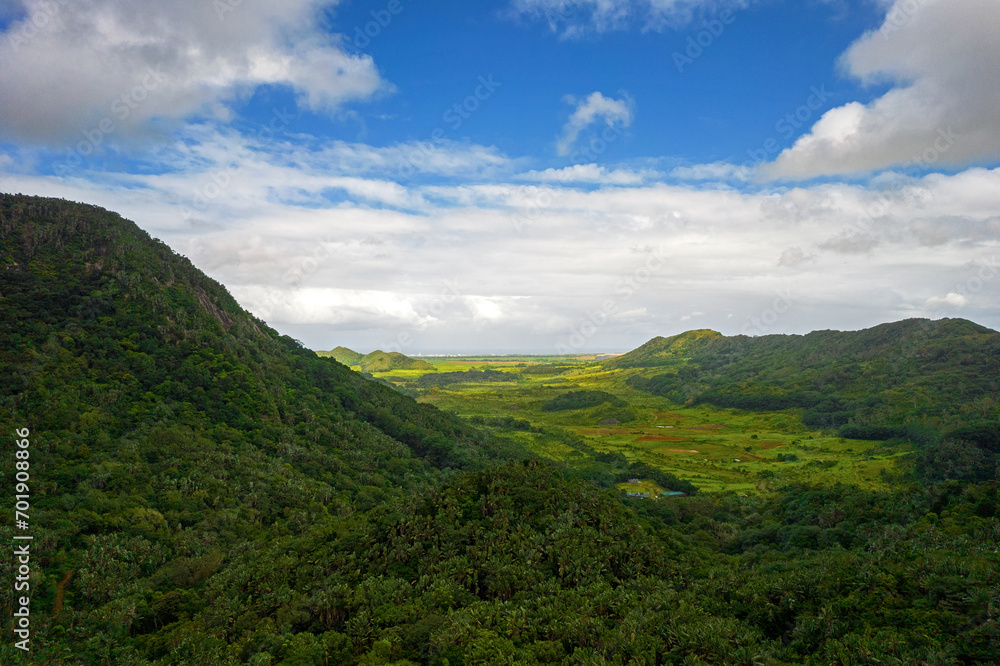 Aerial view of hills and the south east coast of Mauritius island