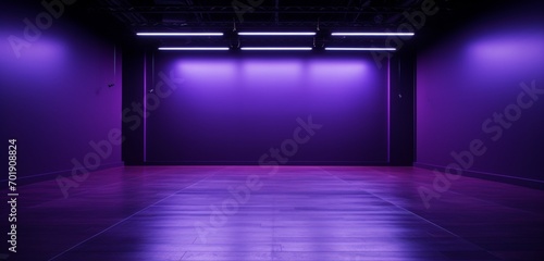Photography studio with royal purple walls, a network of hidden LED strips casting an ambient light over the central copy space