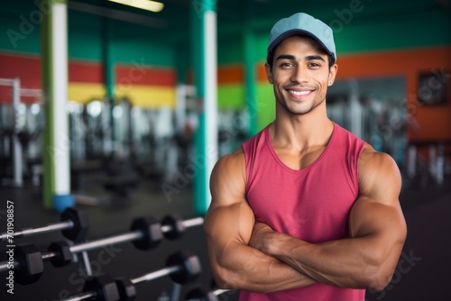 Fitness  gym and happy indian man personal trainer ready for workout coaching