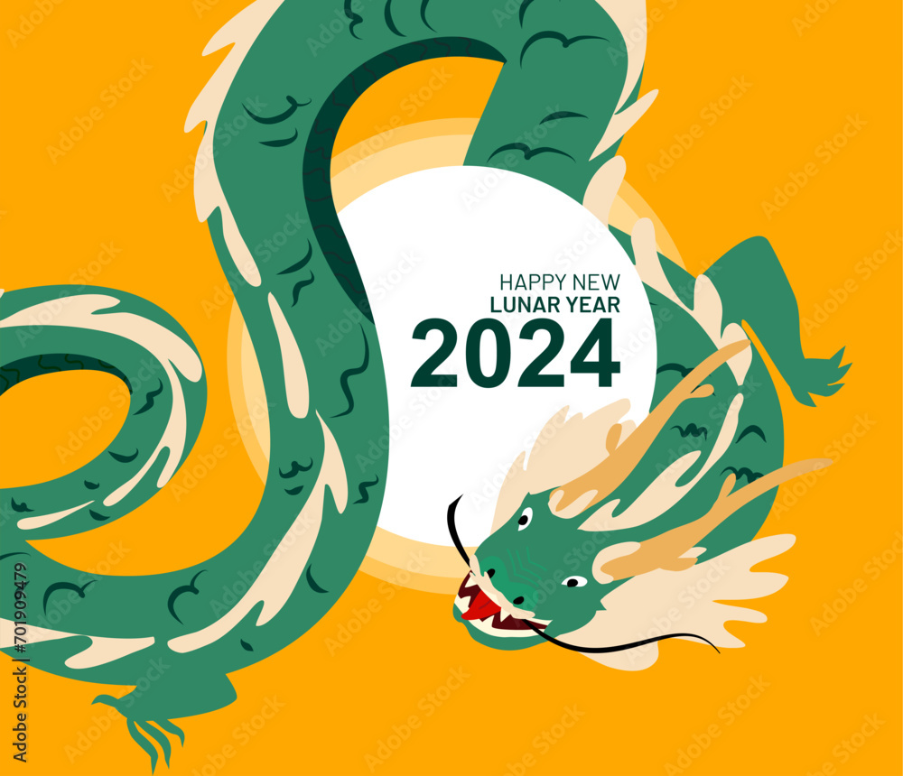 Obraz premium Happy Chinese New Year 2024. Vector illustration of a green wooden dragon in flat hand drawn style. Banner design template. Lunar new year