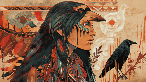 Native american creator mural with crow in modern graffiti street art style 