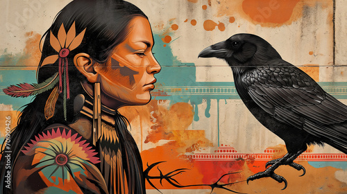 Native american inspired art with woman and raven in graffiti, mural style