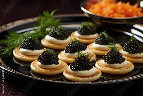 Beluga caviar on top of mini blinis. Gourmet food concept