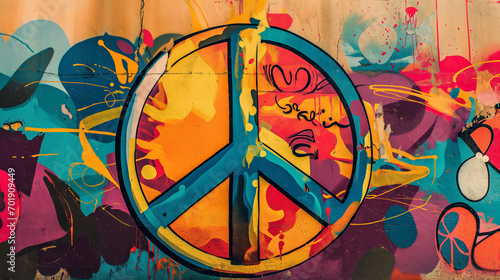 Peace symbol graffiti on the wall in bold colors, street-art for peaceful, anti-war protests