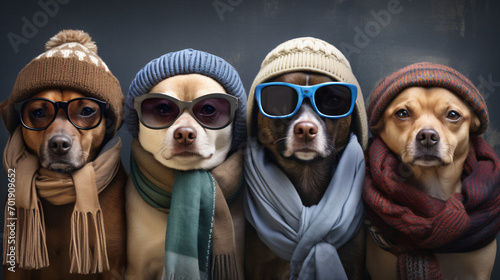 A group of serious solid funny dogs in winter