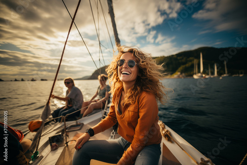 A happy, carefree woman is relaxing on a sailing yacht on the lake, admiring the mountain landscape.