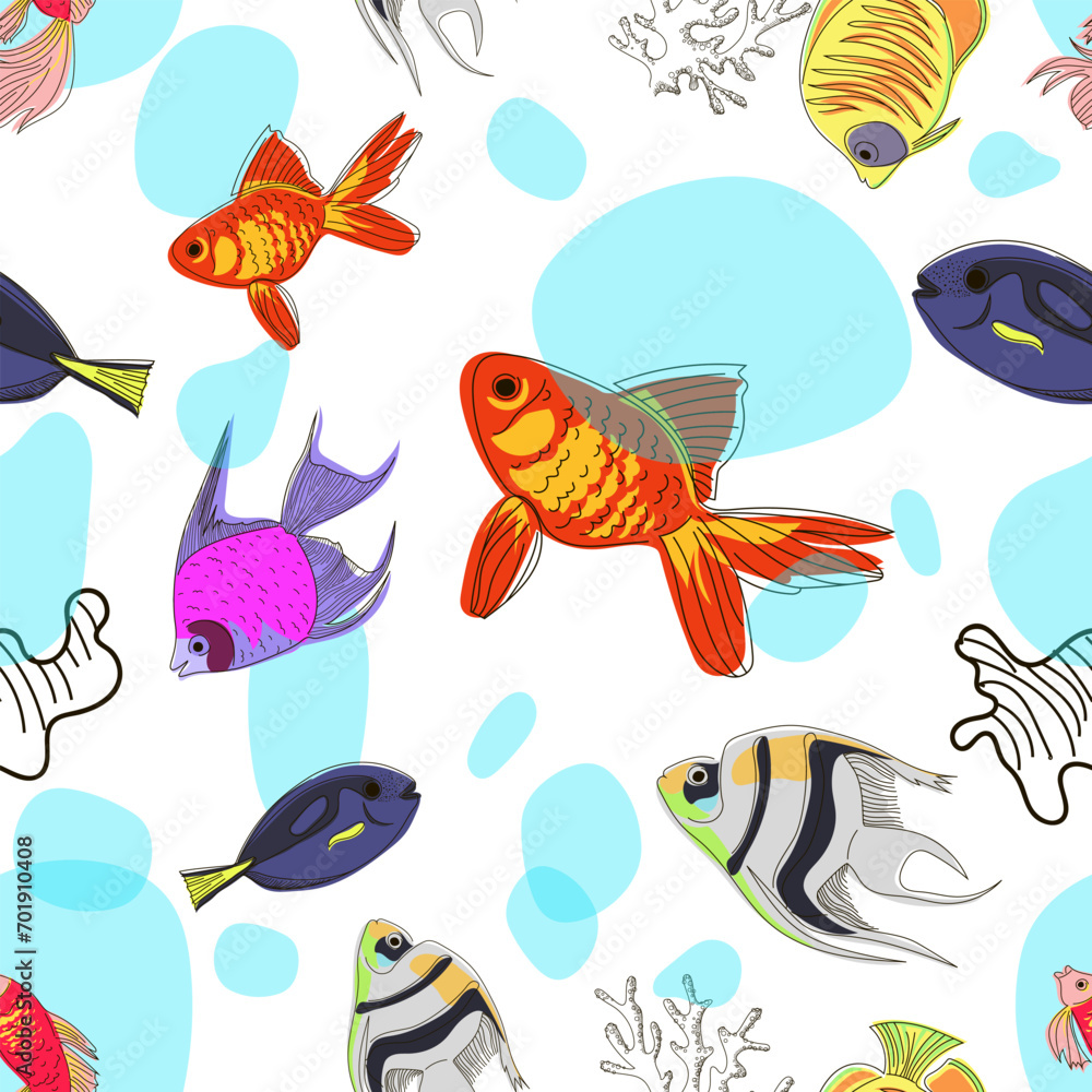 Fototapeta premium Seamless pattern of colorful fish, coral and waves in doodle style. Marine pattern. Vector illustration.
