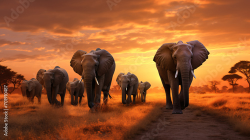 A herd of elephants walking across a dry grass © Data