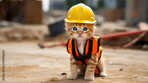 A kitten dressed as a builder at a construction