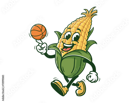 Corn maize playing basketball cartoon mascot illustration character vector clip art hand drawn