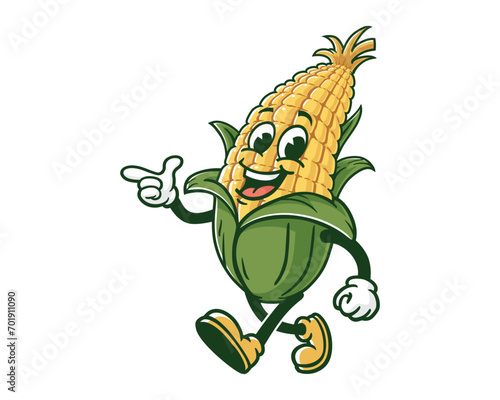 walking Corn maize with pointing hand cartoon mascot illustration character vector clip art hand drawn