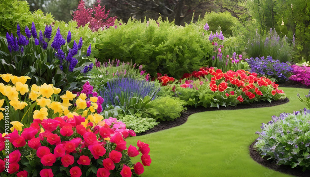 Bright spring flowers surrounded by garden plants cutout Bright spring flowers surrounded by garden plants cutout