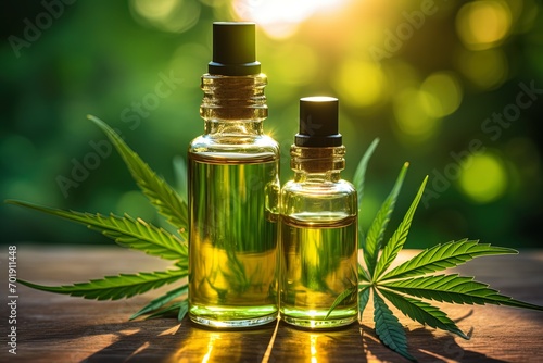 closeup of a bottle of cbd hemp cannabis oil and a marijuana leaf on blurred background, natural medicine and cosmetics