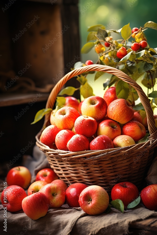 vertical image of basket of ripe red organic apples on a blurred garden background vertical image of basket of ripe red organic apples on a blurred garden background