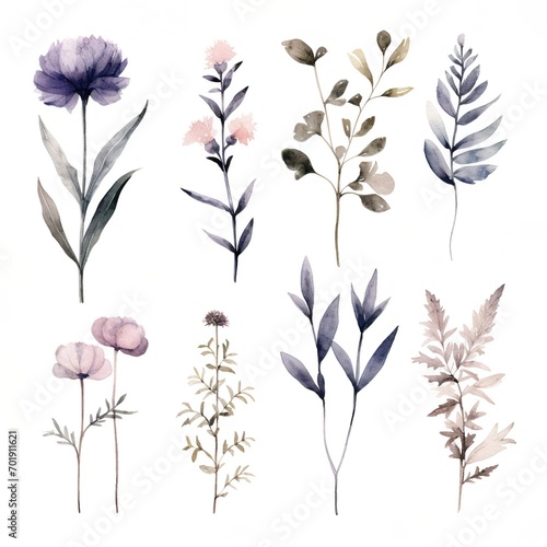 watercolor flowers  a set of illustrations in handmade watercolor style on a white background  generative ai 