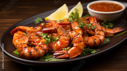 Spicy grilled prawns with sauce ready to eat 