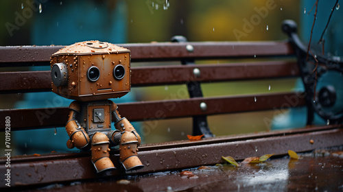 A lone toy robot on a wet bench outside