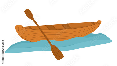 Wooden boat with paddle on water. Colored flat illustration of wood canoe for river trip. Hobby and fishery. Touristic rowing transport isolated on white background. Vector illustration