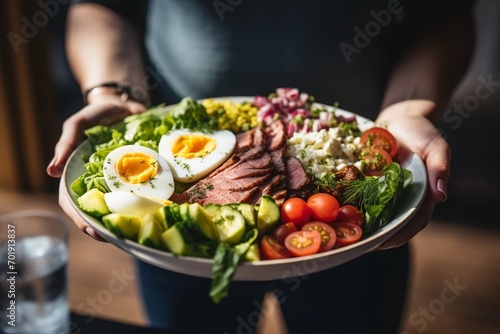 A woman holds a bowl of beef cobb salad  ready to enjoy a nutritious lunch with coffee  reflecting her commitment to a healthy lifestyle.