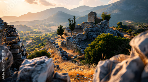 A photo of the ancient city of Mycenae, with rugged hills as the background, during a bright afternoon photo