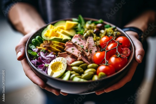 A woman holds a bowl of beef cobb salad, ready to enjoy a nutritious lunch with coffee, reflecting her commitment to a healthy lifestyle. photo