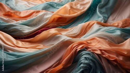 Abstract waves pattern with peach and green color textile transparent fabric, silk fabric background