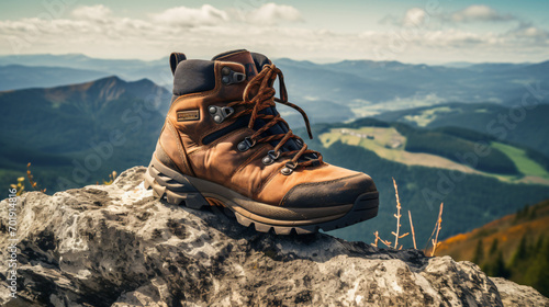 A pair of hiking boots on top of a mountain