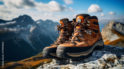 A pair of hiking boots on top of a mountain