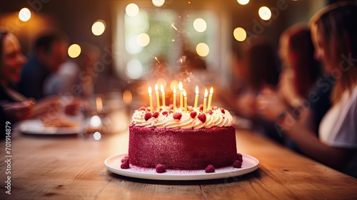 Happy Birthday Red Velvet Cake on a Table for a Celebration, Bokeh and Blurred Background, Food Wallpaper, Dessert Backdrop, Family Holiday Fun, Culinary Concept