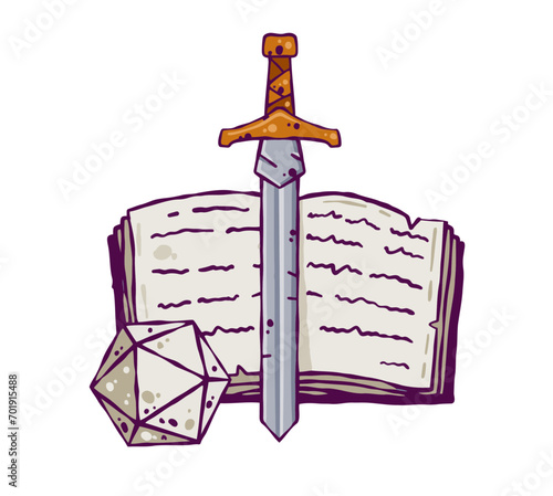 Dice d20 for playing Dnd. RPG board game. Concept of RPG with book, dice and fantasy magic sword. Cartoon outline drawn illustration.