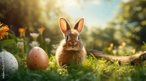 Cute little rabbit on green grass as a spring background. A young charming rabbit is playing in the garden.