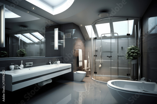 bathroom, with shower, large shower tray, of a modern house © Daniel
