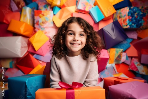 happy child girl with gift boxes tied ribbons and colorful paper decorations for the holiday