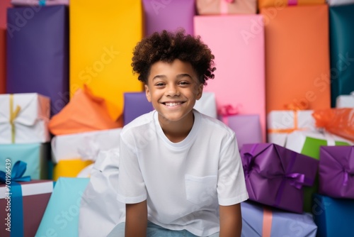 happy african american child boy with gift boxes tied ribbons and colorful paper decorations for the holiday