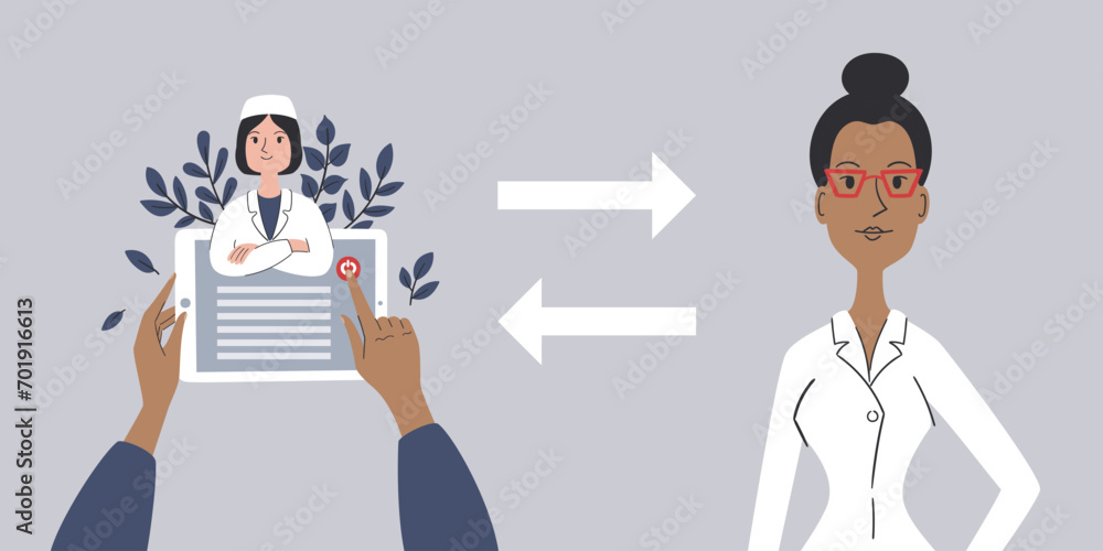 Changing a doctor medical app template. Choosing a doctor using a tablet. Conceptual vector illustration. Changing a doctor medical app template. Choosing a doctor using a tablet. Conceptual vector illustration.