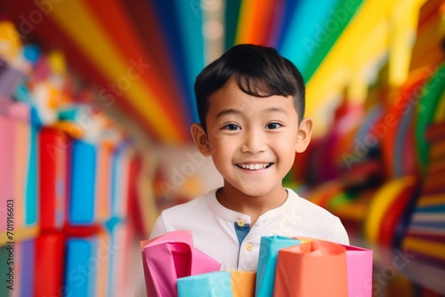 happy asian child boy with gift boxes tied ribbons and colorful paper decorations for the holiday © vasyan_23