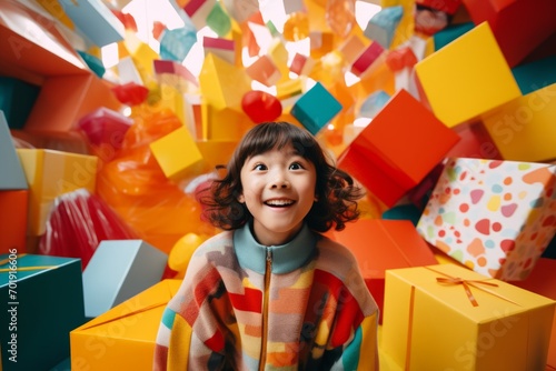 happy asian child girl with gift boxes tied ribbons and colorful paper decorations for the holiday