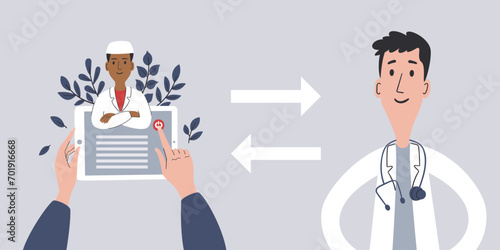 Changing a doctor medical app template. Choosing a doctor using a tablet. Conceptual vector illustration.