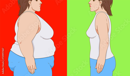 A woman's body with belly fat. Before, after. Healthcare illustration. Vector illustration. 