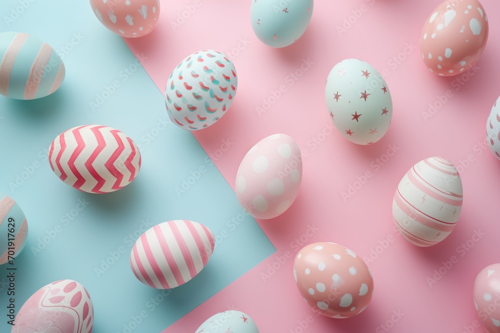 Easter pattern with pastel colored Easter eggs with geometric paint, on pastel colored background. Top view Easter pattern with pastel colored Easter eggs with geometric paint, on pastel colored background. Top view