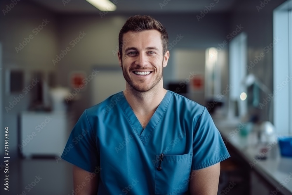 Happy man medical assistant in clinic. Nurse in uniform doctor at hospital Happy man medical assistant in clinic. Nurse in uniform doctor at hospital